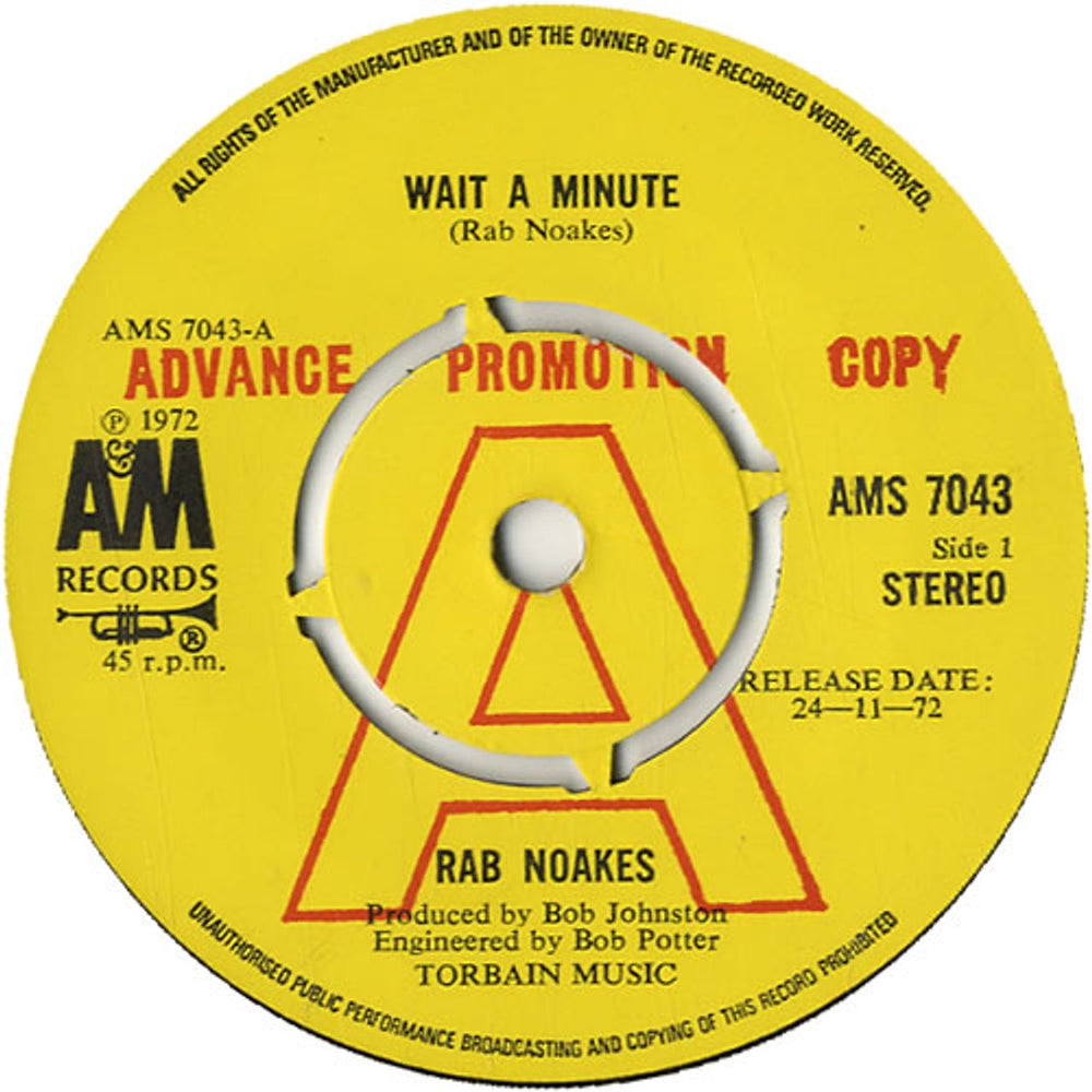 Rab Noakes Wait A Minute - P/S UK Promo 7" vinyl single (7 inch record / 45) RU907WA587693