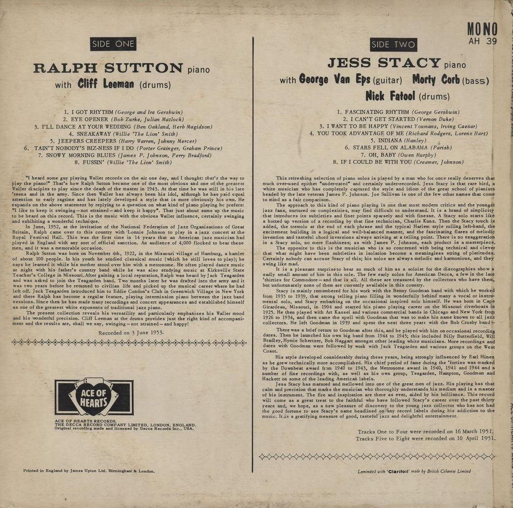 Ralph Sutton Piano Solos UK vinyl LP album (LP record)