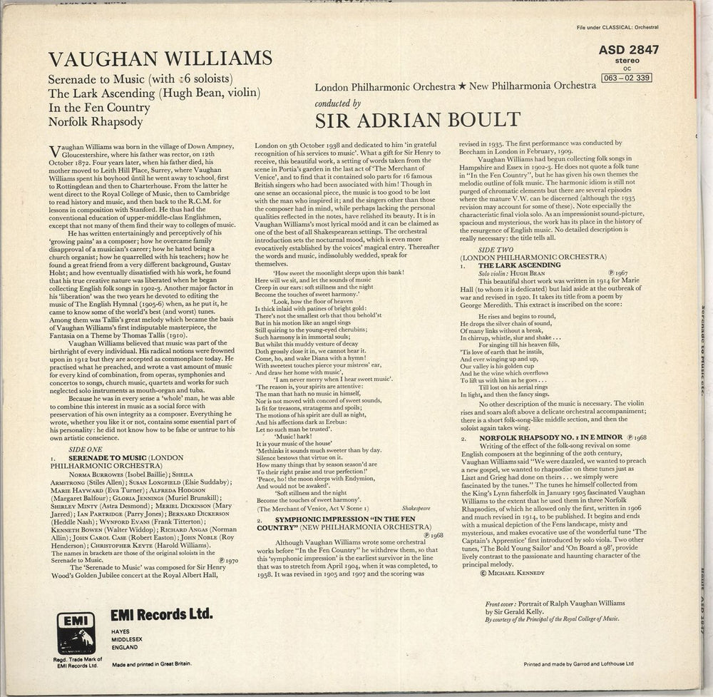 Ralph Vaughan Williams Serenade To Music UK vinyl LP album (LP record)