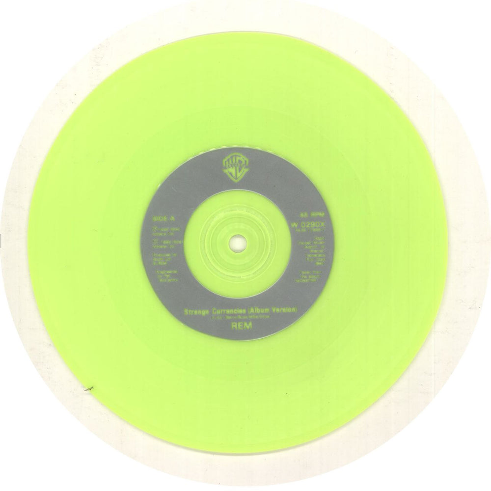 REM Strange Currencies - Neon Green Vinyl + Badge UK 7" vinyl single (7 inch record / 45) REM07ST43636