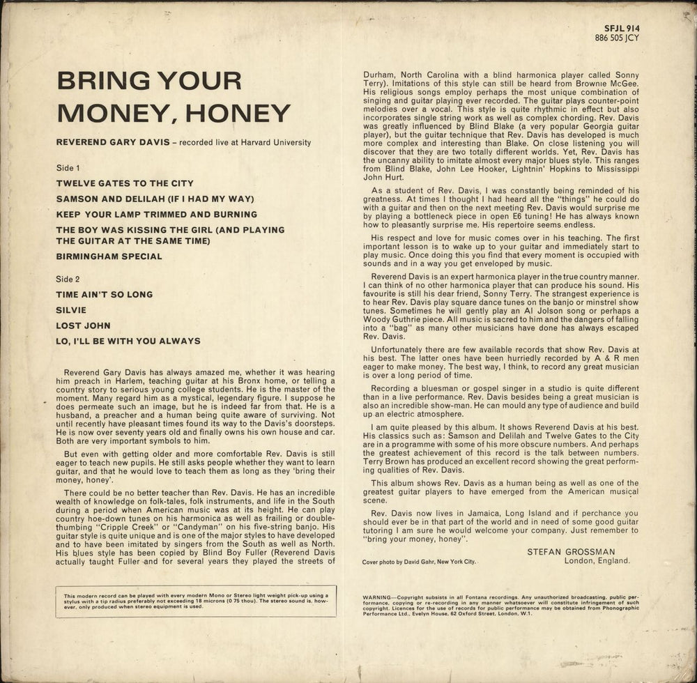 Rev. Gary Davis Bring Your Money, Honey! UK vinyl LP album (LP record)