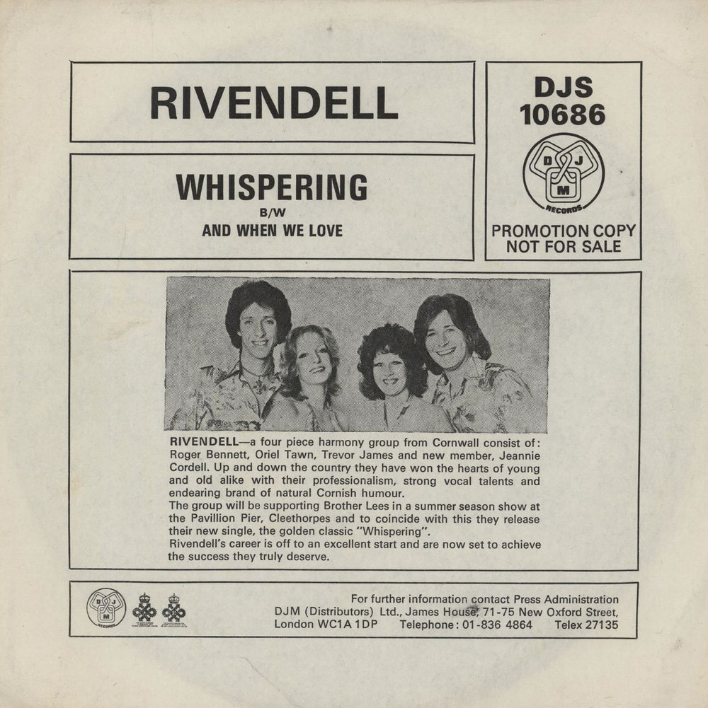 Rivendell Whispering UK Promo 7" vinyl single (7 inch record / 45) DJS10686