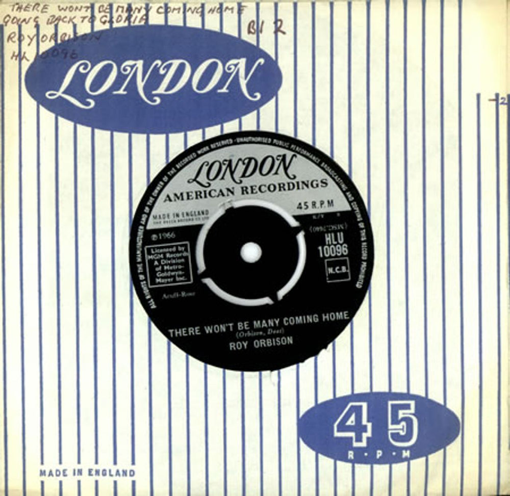 Roy Orbison There Won't Be Many Coming Home UK 7" vinyl single (7 inch record / 45) HLU10096