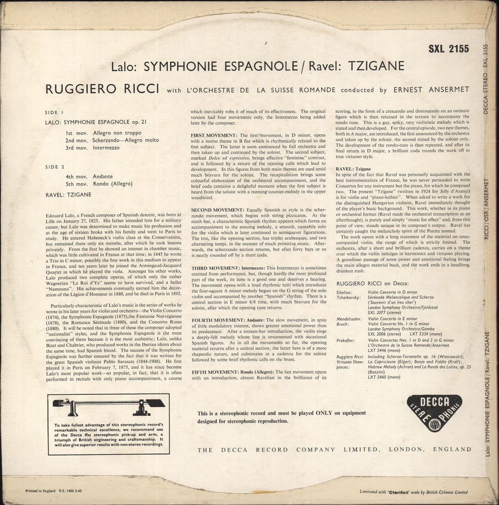 Ruggiero Ricci Lalo: Symphonie Espagnole / Ravel: Tzigane - ED1 UK vinyl LP album (LP record)