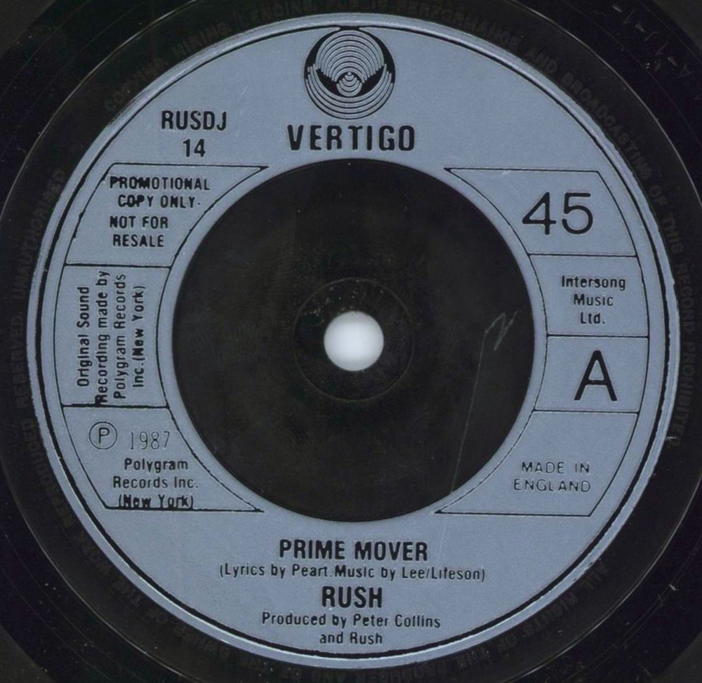 Rush Prime Mover UK Promo 7" vinyl single (7 inch record / 45) RUS07PR509709