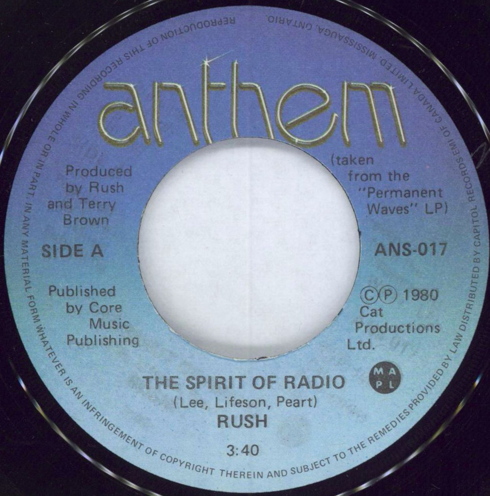 Rush The Spirit Of Radio Canadian 7" vinyl single (7 inch record / 45) ANS-017