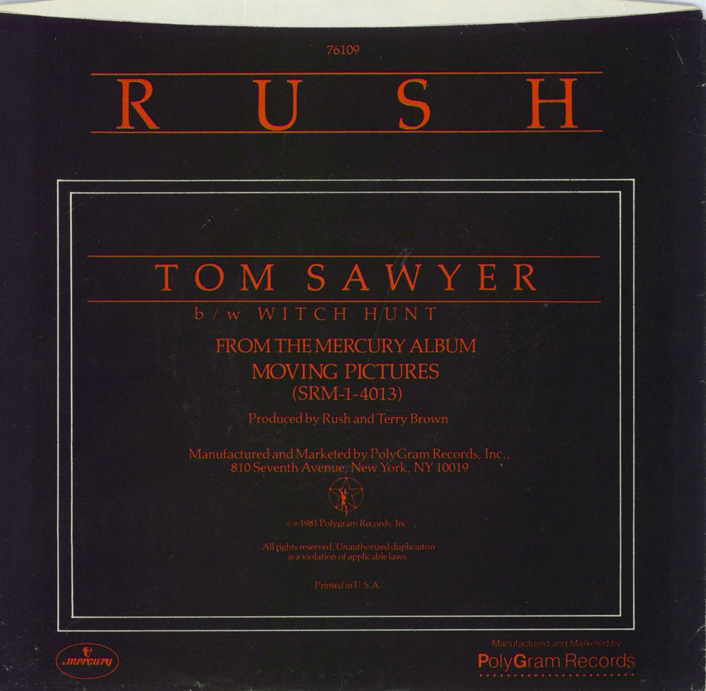 Rush Tom Sawyer US 7" vinyl single (7 inch record / 45)