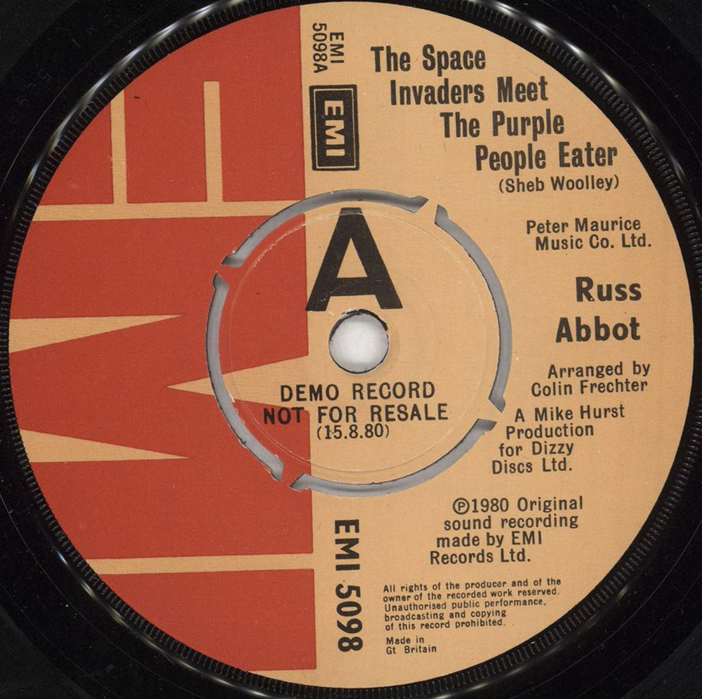 Russ Abbot The Space Invaders Meet The Purple People Eater - Demo 'A' Label UK Promo 7" vinyl single (7 inch record / 45) EMI5098