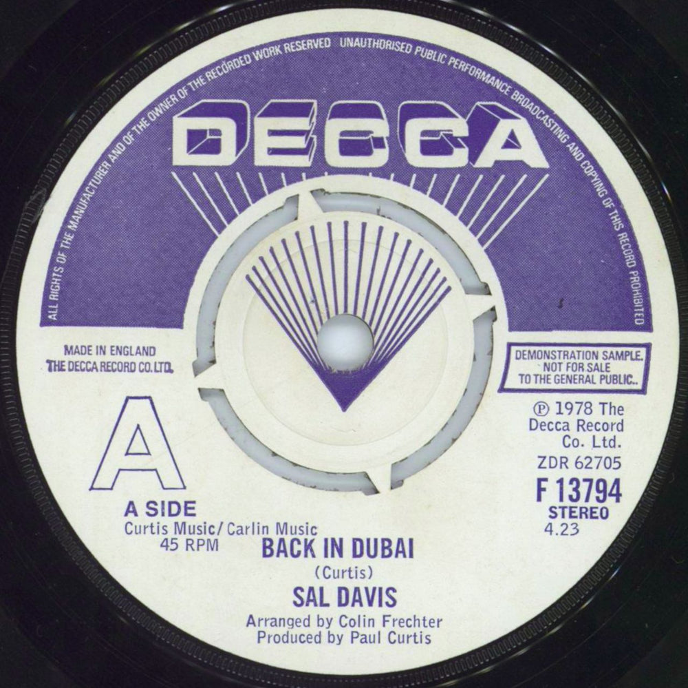 Sal Davis Back In Dubai UK Promo 7" vinyl single (7 inch record / 45) F13794