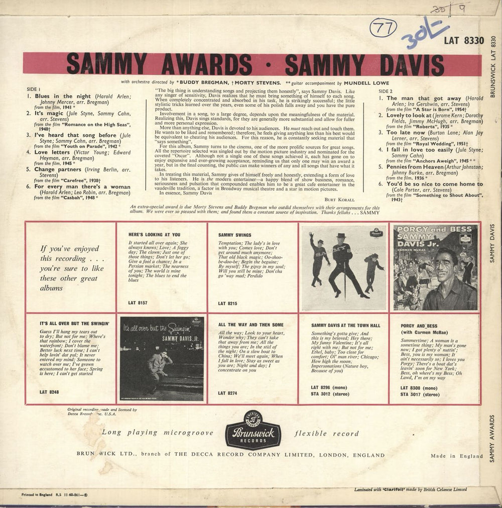 Sammy Davis Jr Sammy Awards UK vinyl LP album (LP record)