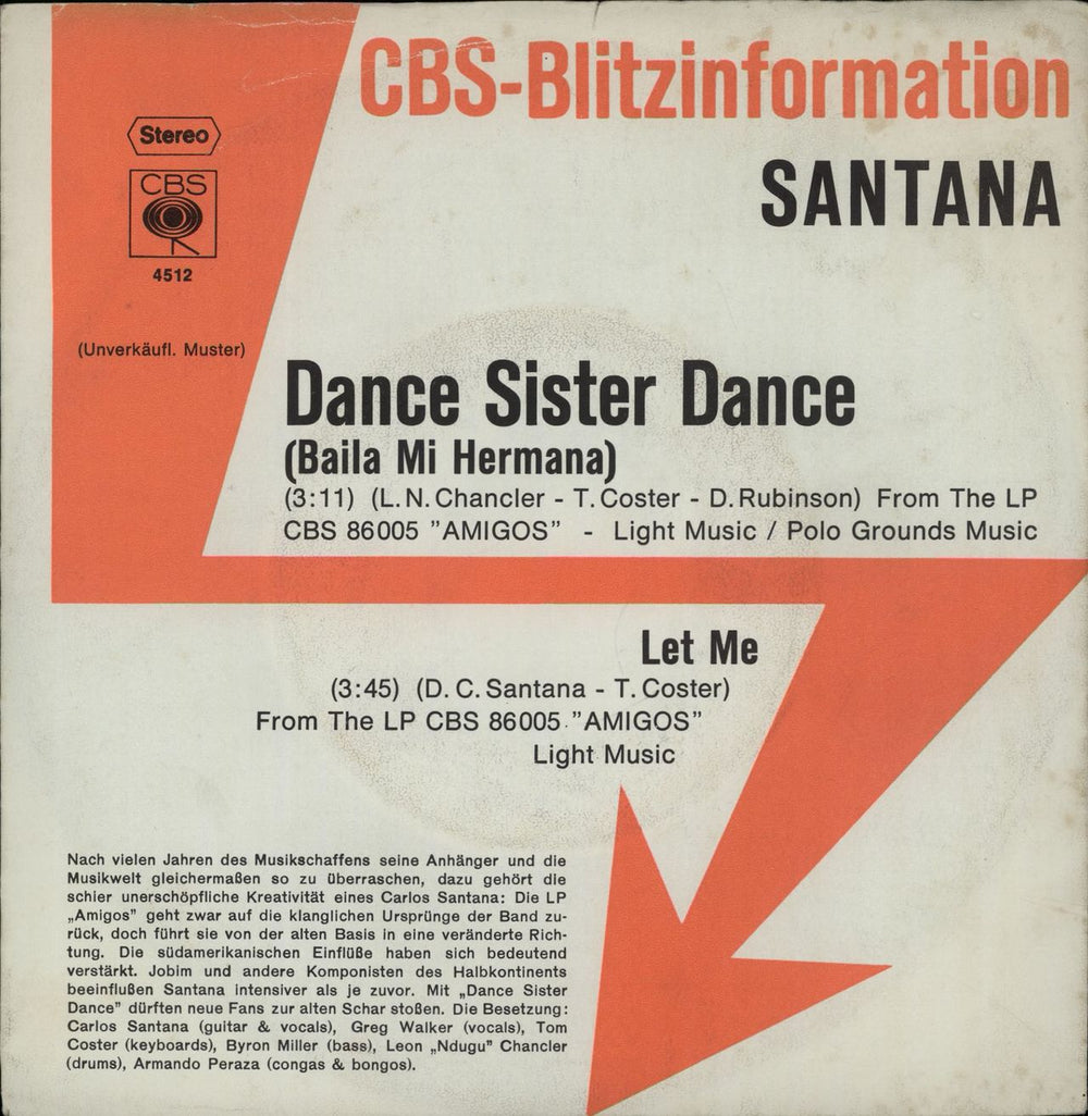 Santana Dance Little Sister (Baila Me Hermana) German 7" vinyl single (7 inch record / 45) 4512