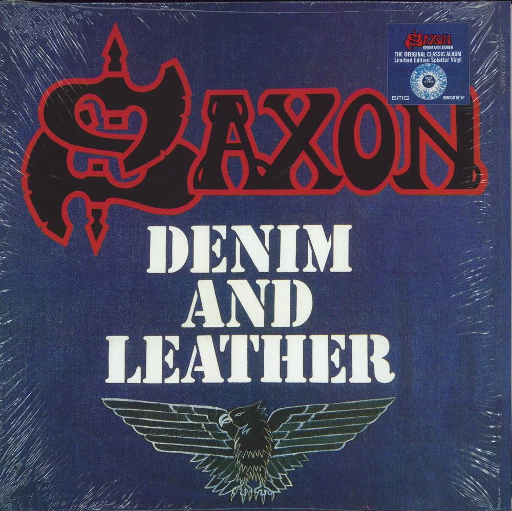 Saxon Denim And Leather - Blue & White Vinyl - Shrink UK vinyl LP album (LP record) BMGCAT161LP