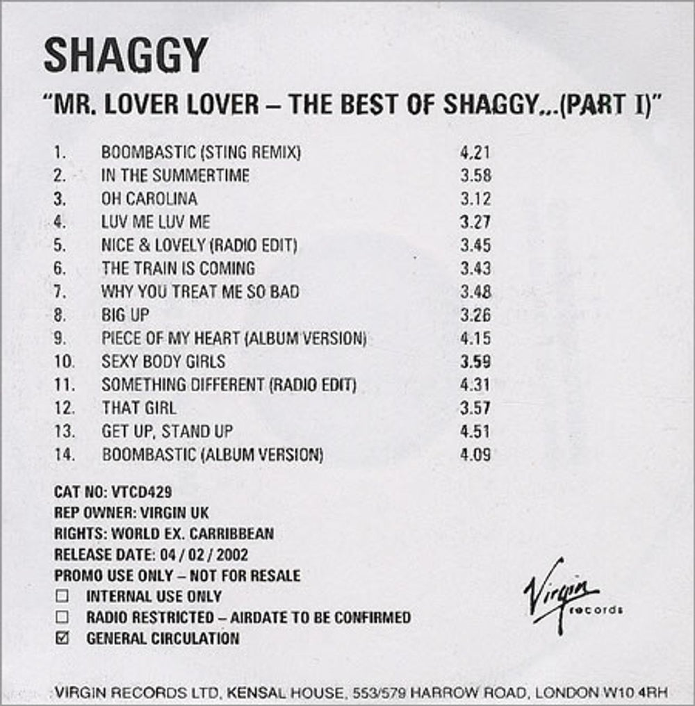 Shaggy Mr Lover Lover - The Best Of Shaggy UK Promo CD-R acetate CDR ACETATE