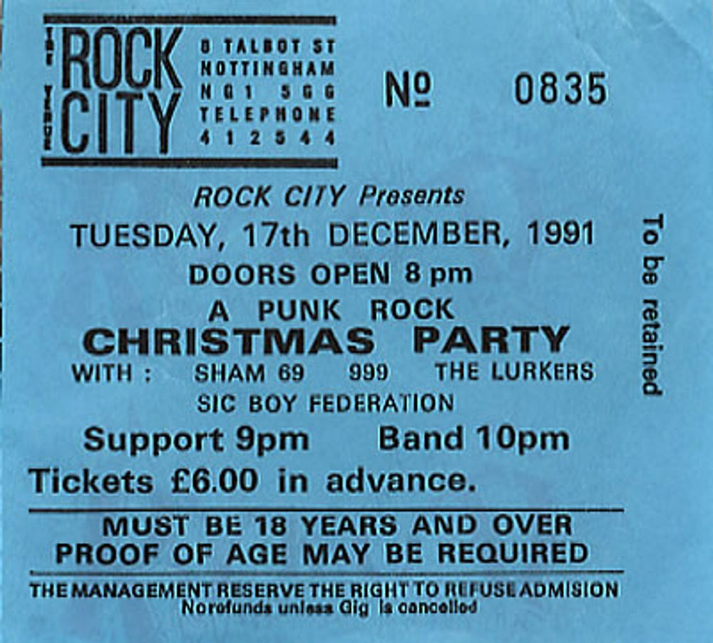 Sham 69 Rock City UK concert ticket USED CONCERT TICKET