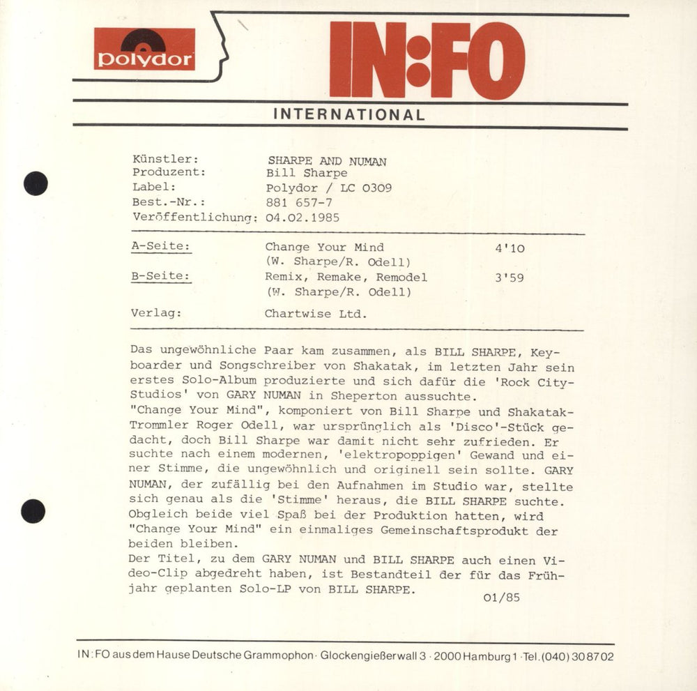 Sharpe & Numan Change Your Mind German 7" vinyl single (7 inch record / 45)