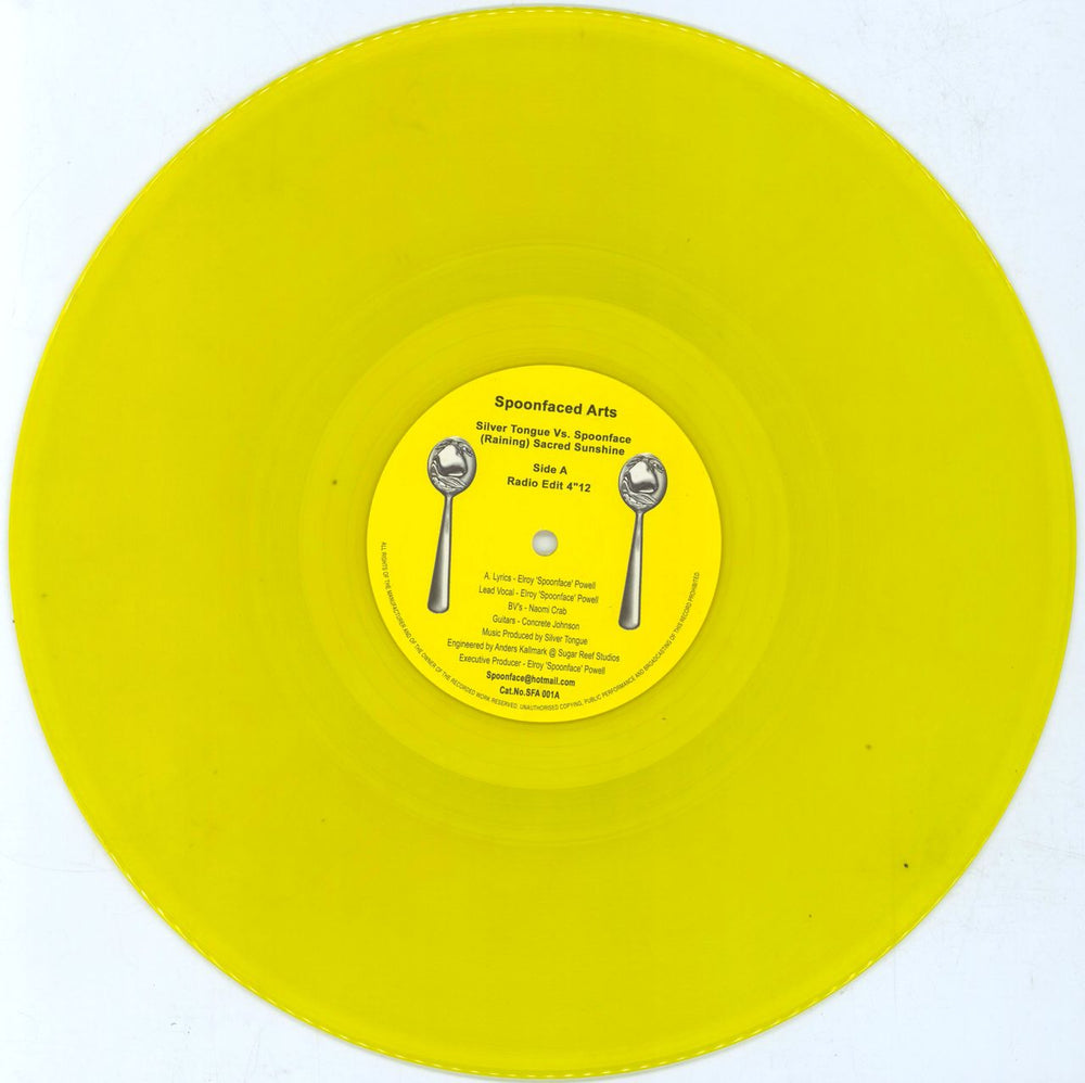 Silver Tongue Vs. Spoonface (Raining) Sacred Sunshine - Yellow Vinyl UK 12" vinyl single (12 inch record / Maxi-single) 4V312RA791314