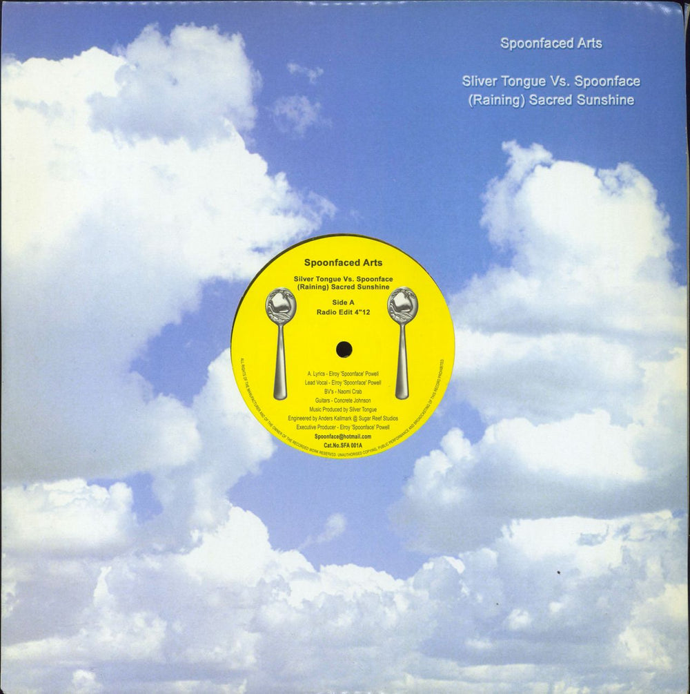 Silver Tongue Vs. Spoonface (Raining) Sacred Sunshine - Yellow Vinyl UK 12" vinyl single (12 inch record / Maxi-single) SFA001A