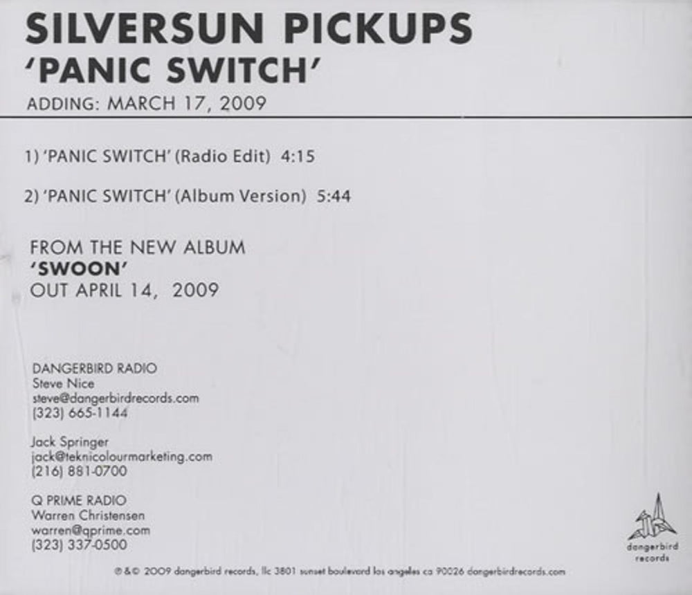 Silversun Pickups Panic Switch US Promo CD-R acetate CDR-ACETATE