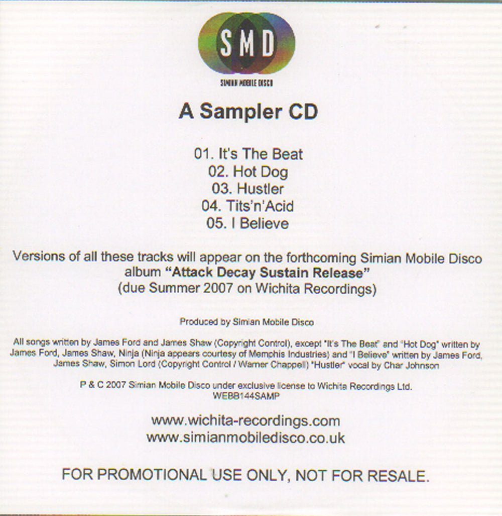 Simian Mobile Disco A Sampler CD UK Promo CD-R acetate WEBB144SAMP