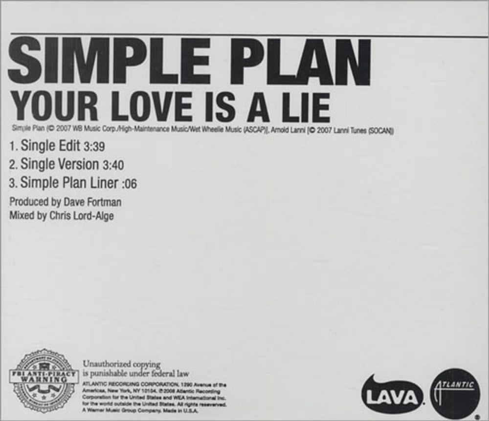 Simple Plan Your Love Is A Lie US Promo CD single (CD5 / 5") PRCD-450172