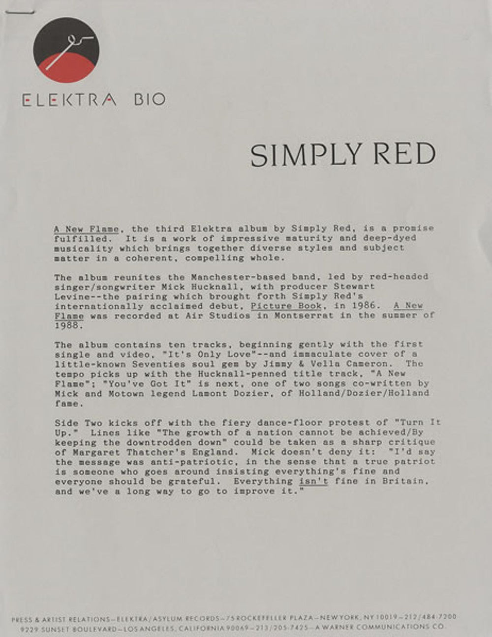 Simply Red A New Flame + Publicity Photo US Promo media press pack REDPPAN456121