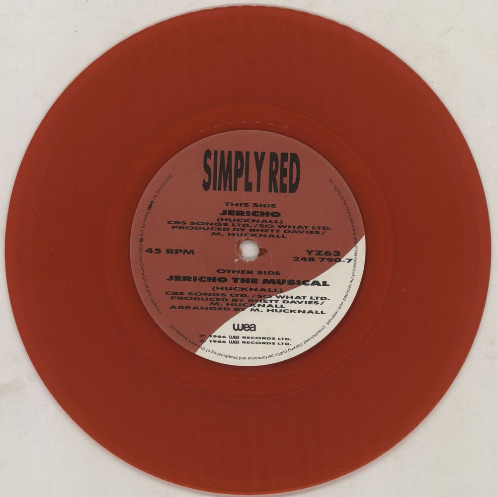 Simply Red Jericho - RED vinyl UK 7" vinyl single (7 inch record / 45) YZ63