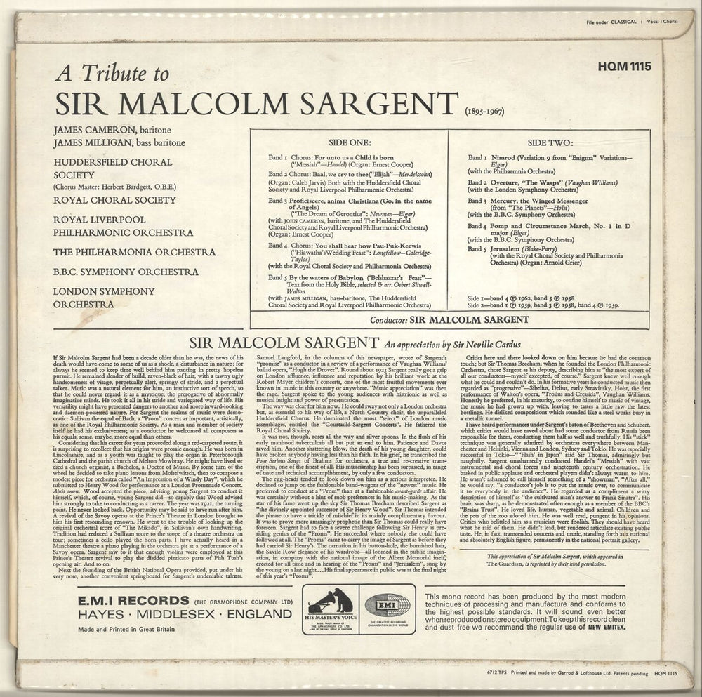 Sir Malcolm Sargent A Tribute To Sir Malcolm Sargent UK vinyl LP album (LP record)