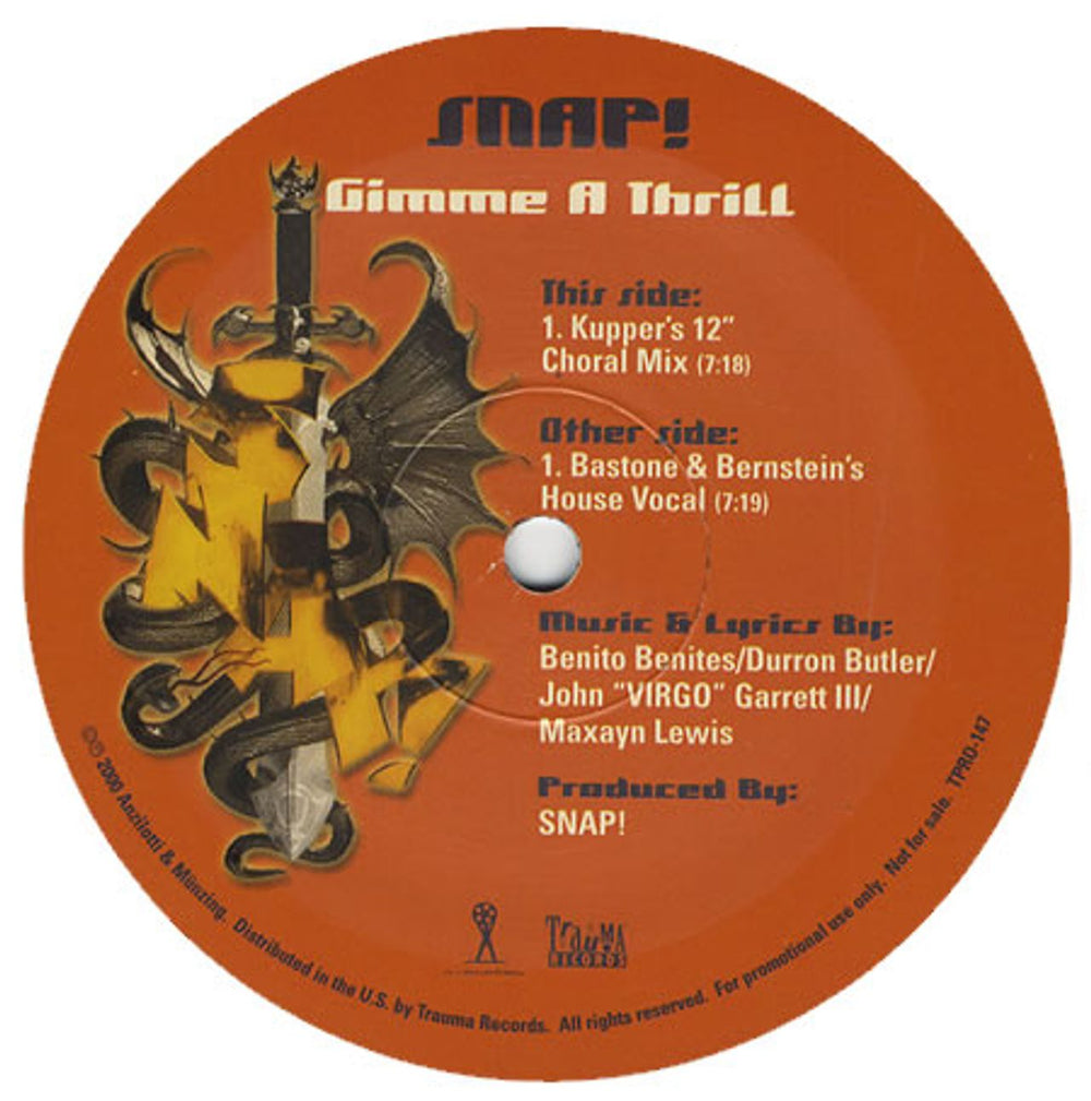 Snap! Gimme A Thrill US Promo 12" vinyl single (12 inch record / Maxi-single) TPRO-147