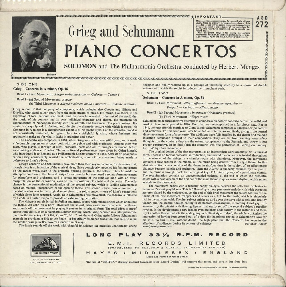 Solomon Grieg And Schumann Piano Concertos - 3rd UK vinyl LP album (LP record)