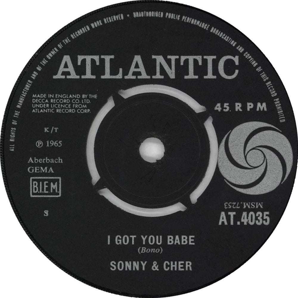 Sonny & Cher I Got You Babe UK 7" vinyl single (7 inch record / 45) AT.4035