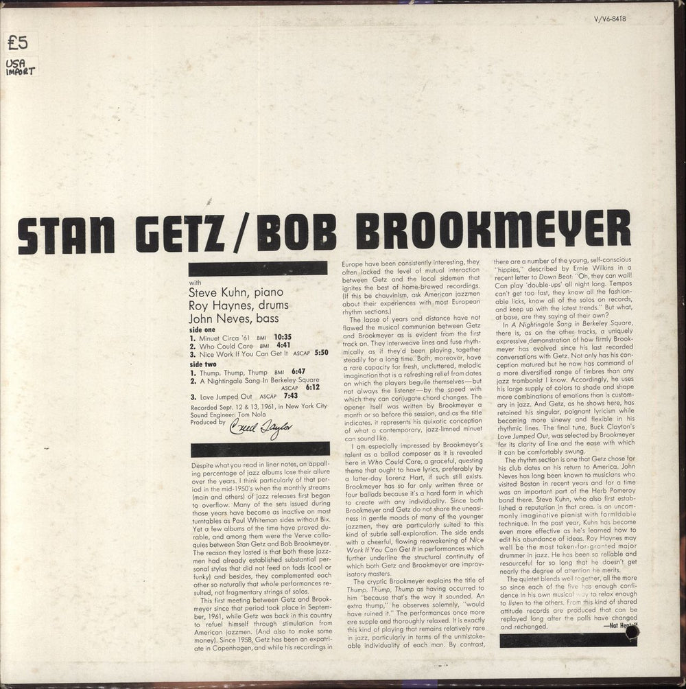 Stan Getz Recorded Fall 1961 US vinyl LP album (LP record)