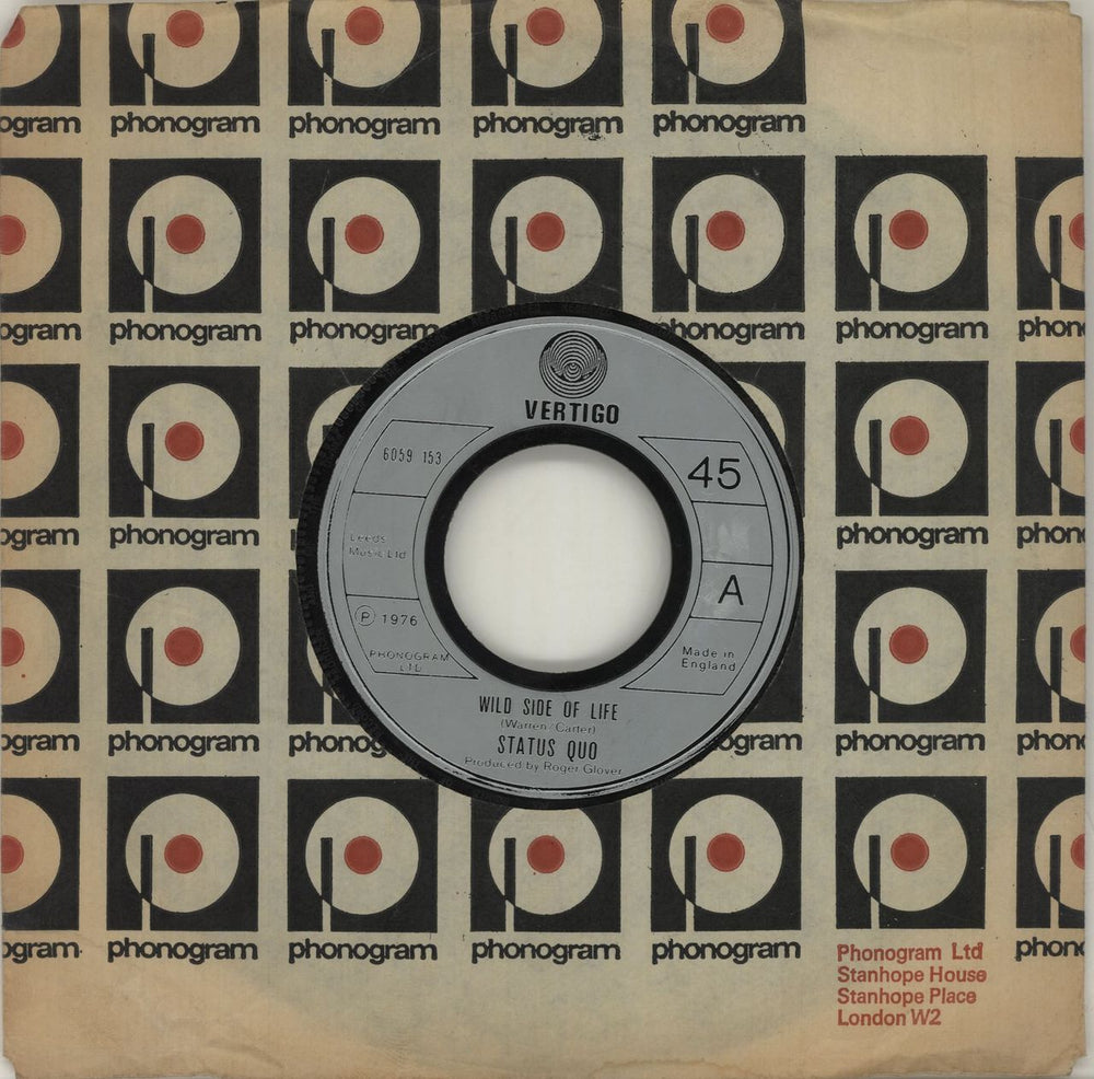 Status Quo Wild Side Of Life - Wide-centred Injection label UK 7" vinyl single (7 inch record / 45) 6059153