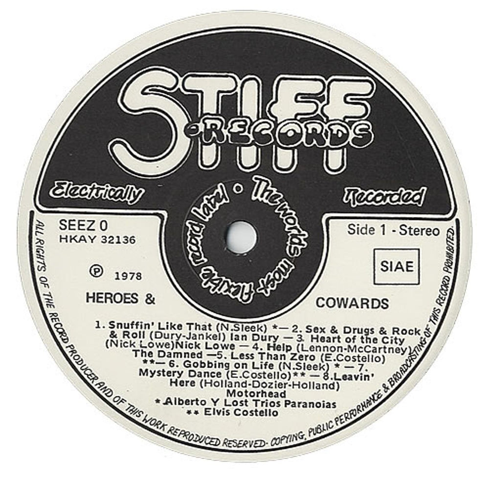 Stiff Records Heroes & Cowards Italian vinyl LP album (LP record) SX8LPHE439167