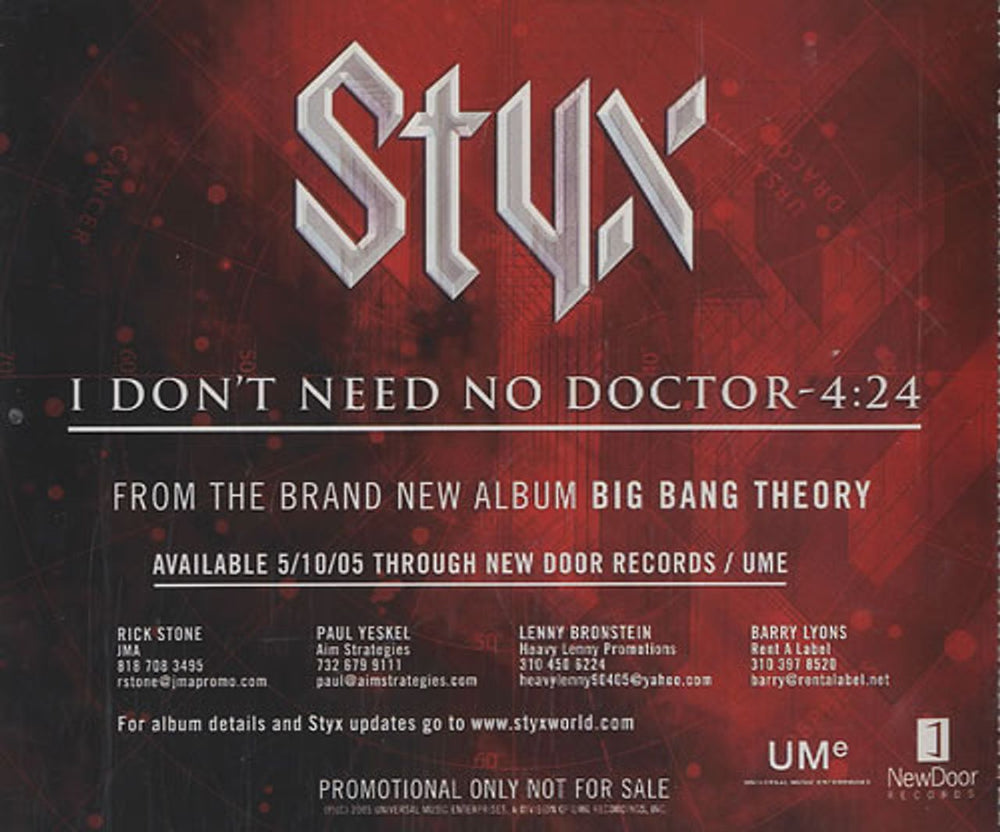 Styx I Don't Need No Doctor US Promo CD-R acetate STXCRID332709