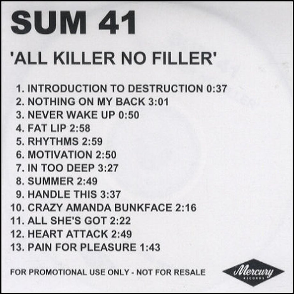 Sum 41 All Killer No Filler UK Promo CD-R acetate CDR ACETATE