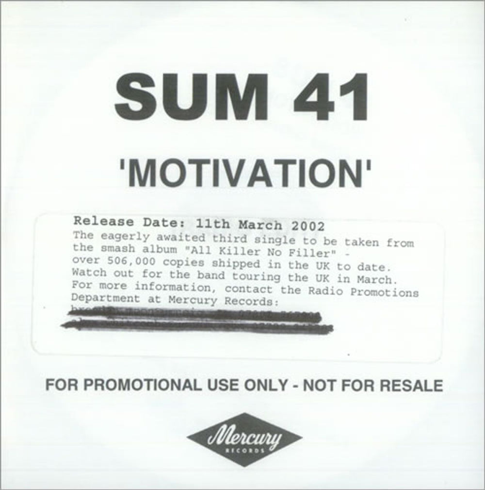 Sum 41 Motivation UK Promo CD-R acetate CD-R ACETATE