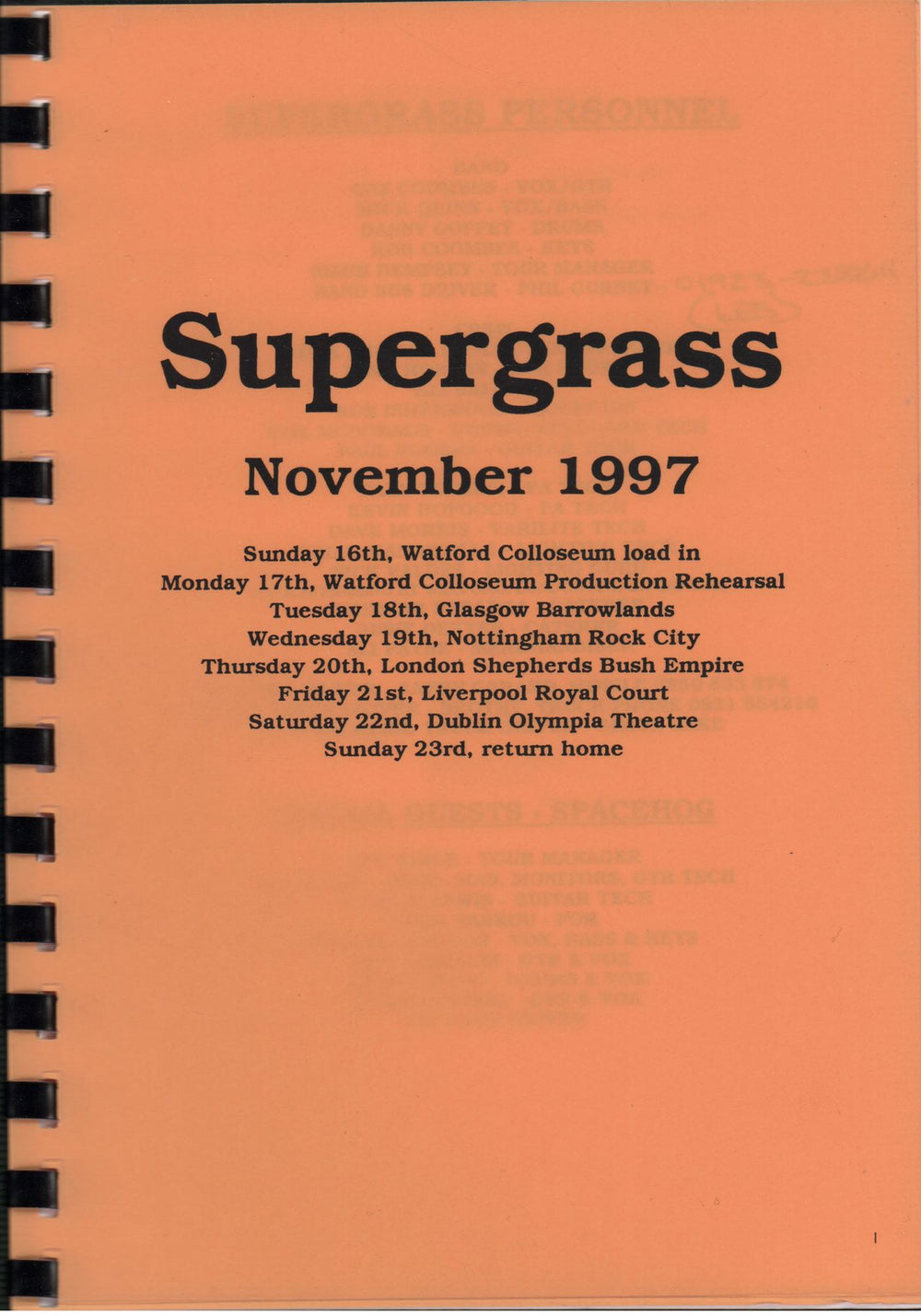 Supergrass November 1997 Tour Itinerary UK Itinerary TOUR ITINERARY