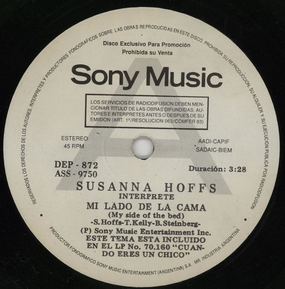 Susanna Hoffs Mi Lado De La Cama Argentinean Promo 7" vinyl single (7 inch record / 45) DEP872-9750