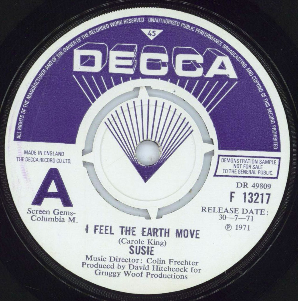 Susie I Feel The Earth Move UK Promo 7" vinyl single (7 inch record / 45) F13217