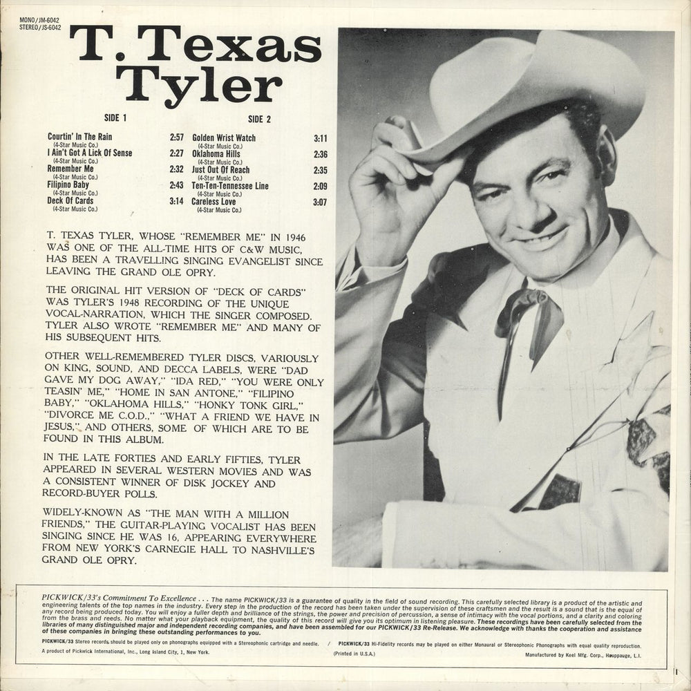 T. Texas Tyler His Great Hits US vinyl LP album (LP record)