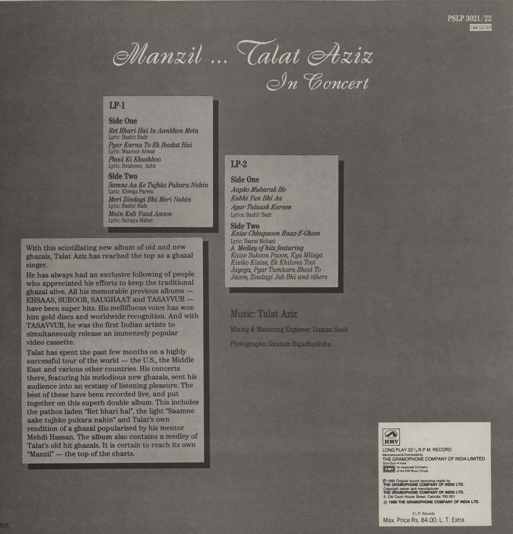 Talat Aziz Manzil... Talat Aziz In Concert Indian 2-LP vinyl record set (Double LP Album)