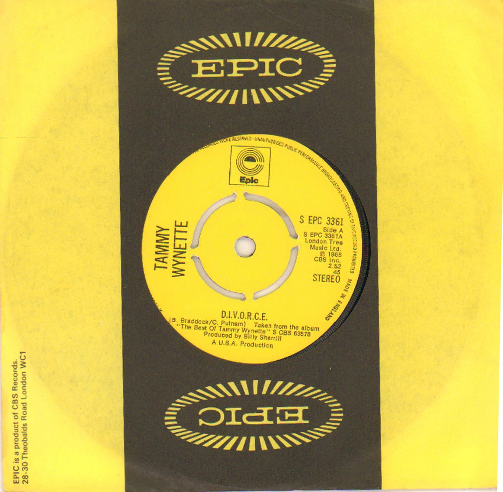 Tammy Wynette D.I.V.O.R.C.E - 4prong UK 7" vinyl single (7 inch record / 45) SEPC3361