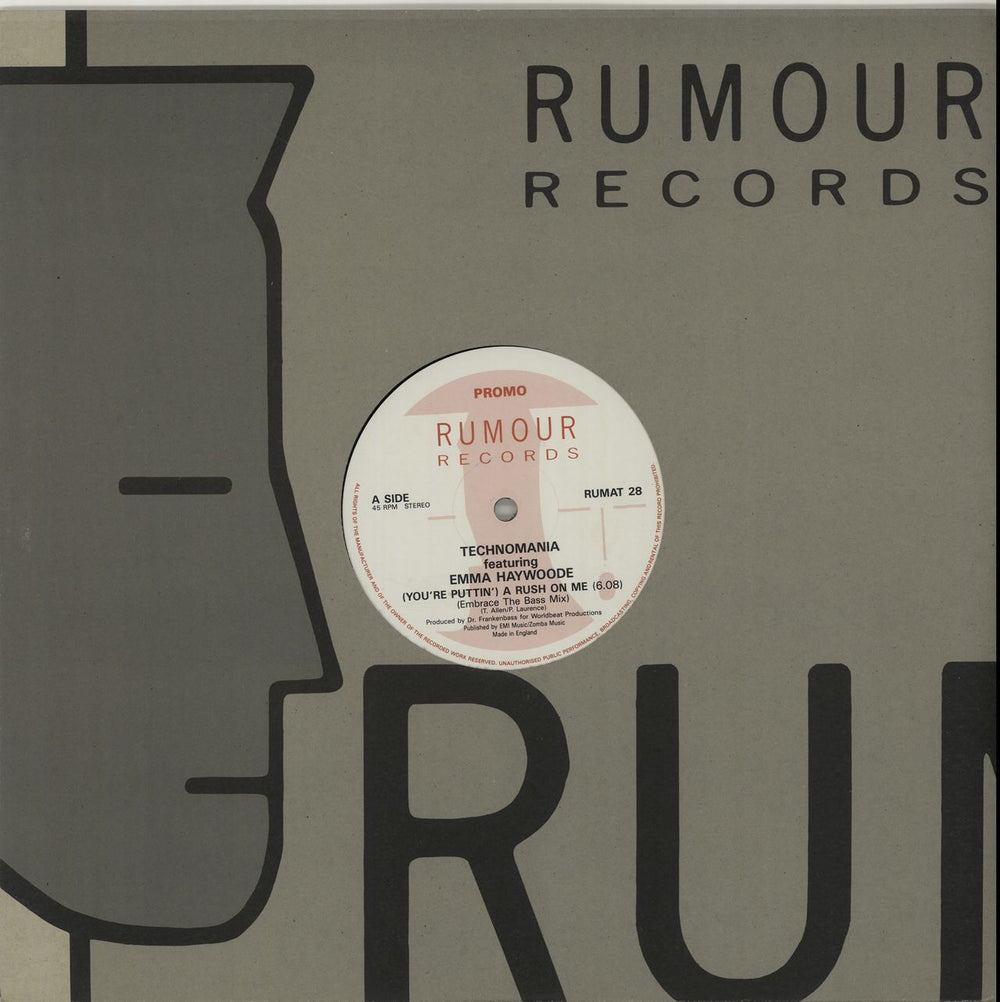 Technomania (You're Puttin') A Rush On Me UK Promo 12" vinyl single (12 inch record / Maxi-single) RUMAT28