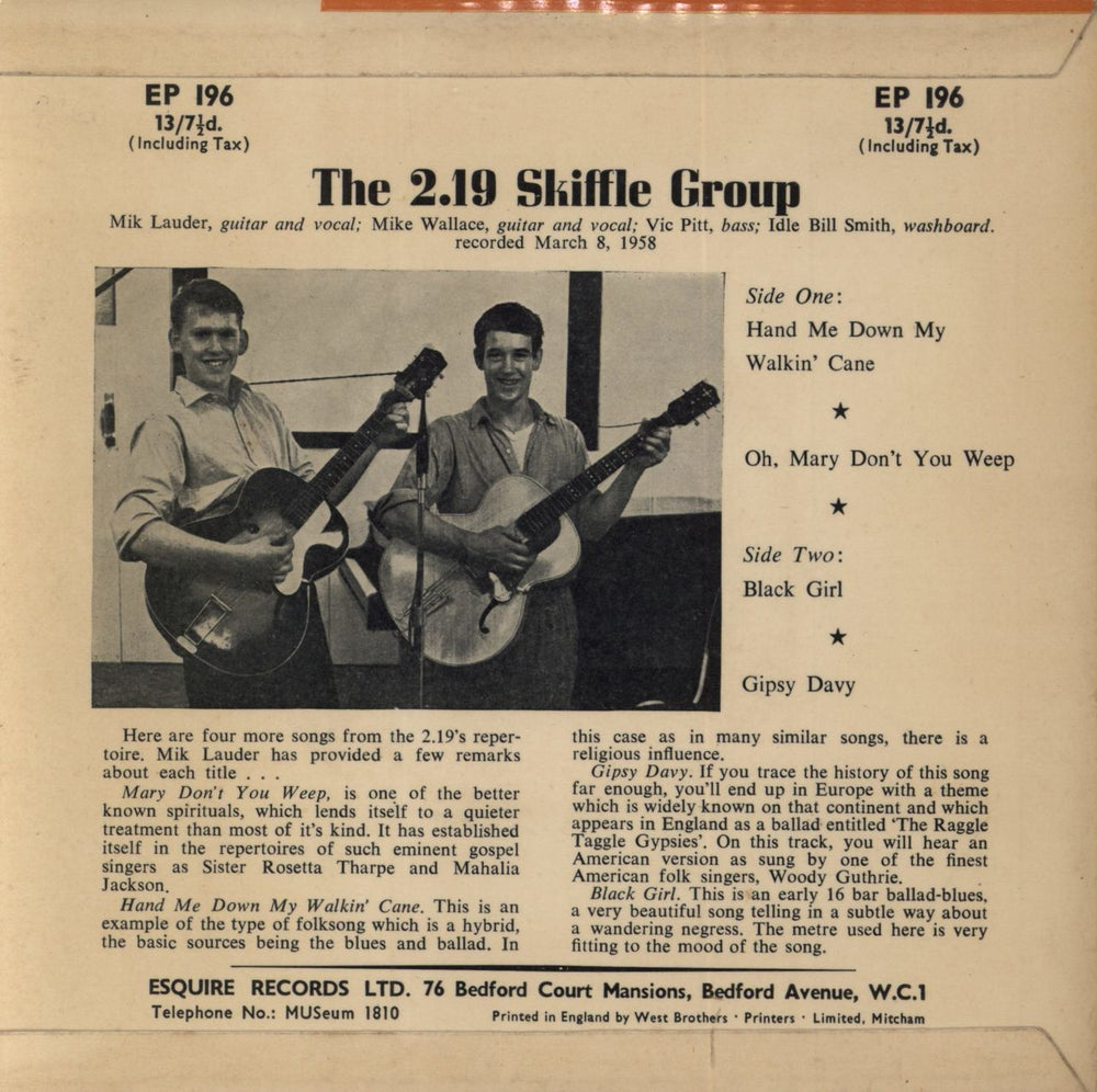 The 2.19 Skiffle Group Two-Nineteen Skiffle Group UK 7" vinyl single (7 inch record / 45)