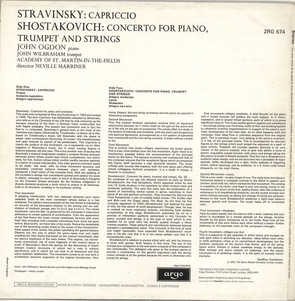 The Academy Of St. Martin-In-The-Fields Shostakovich: Concerto For Piano, Trumpet And Strings / Stravinsky: Capriccio UK vinyl LP album (LP record)