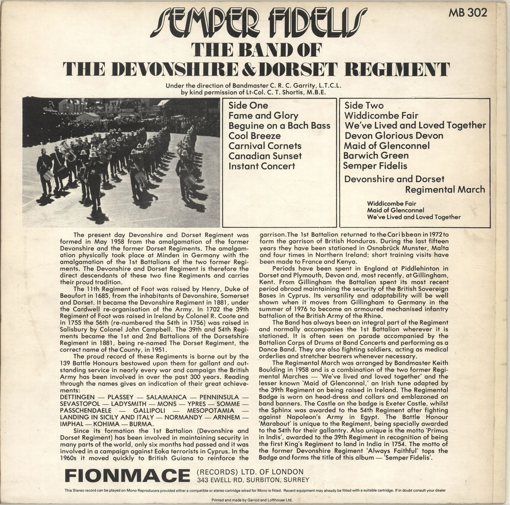 The Band Of The Devonshire & Dorset Regiment Semper Fidelis UK vinyl LP album (LP record)