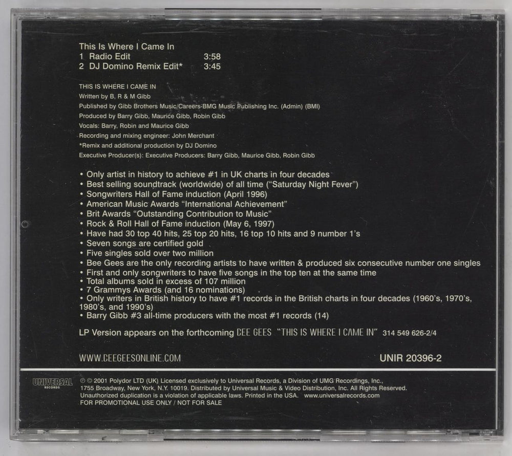 The Bee Gees This Is Where I Came In US Promo CD single (CD5 / 5") BGEC5TH181703
