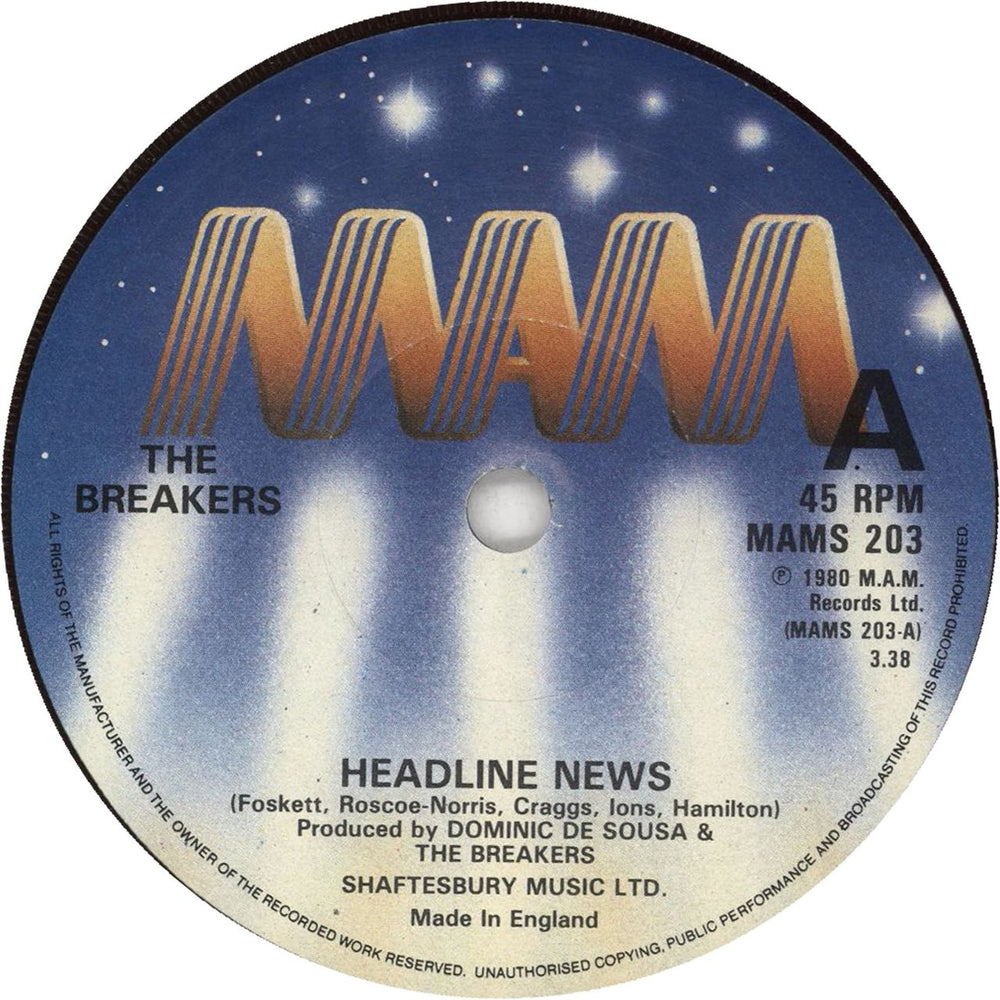 The Breakers Headline News UK 7" vinyl single (7 inch record / 45) MAMS203