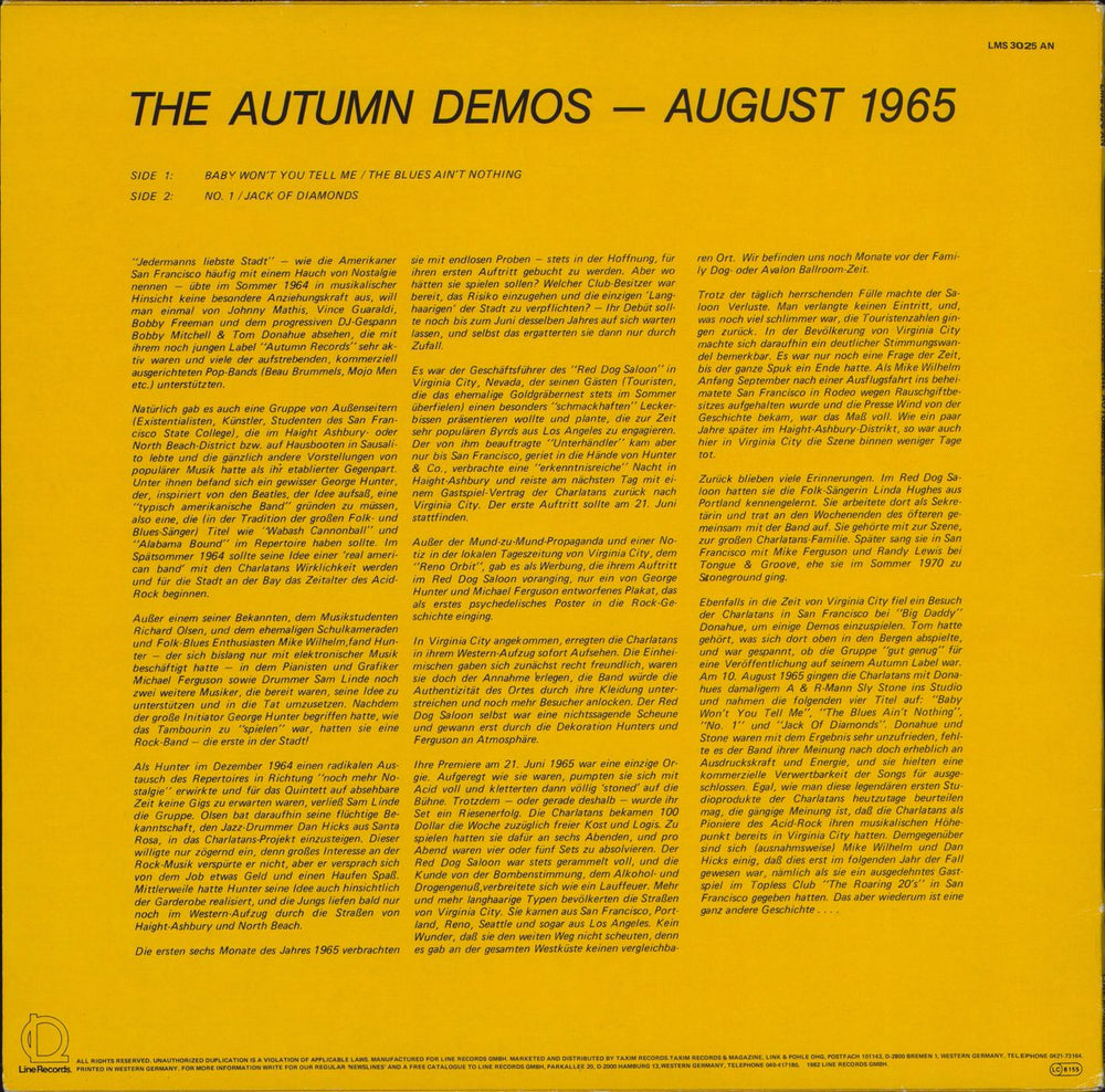 The Charlatans U.S.A. The Autumn Demos - August 1965 German 12" vinyl single (12 inch record / Maxi-single)