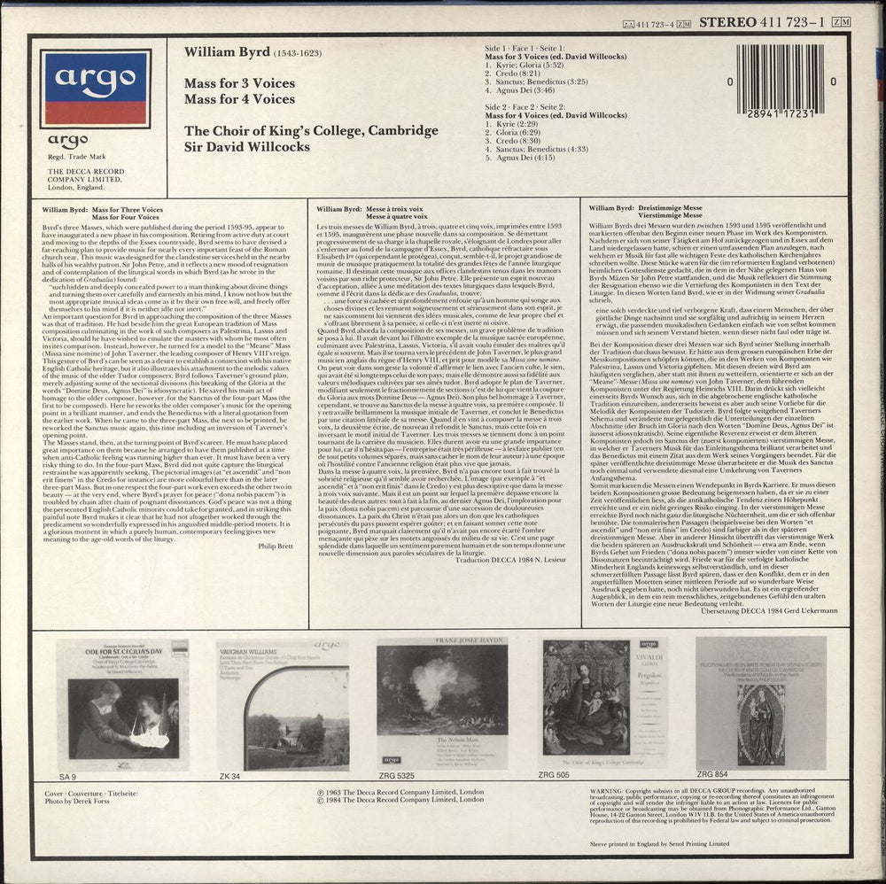 The Choir Of King's College, Cambridge Byrd: Mass For Three Voices / Mass For Four Voices UK vinyl LP album (LP record) 028941172310
